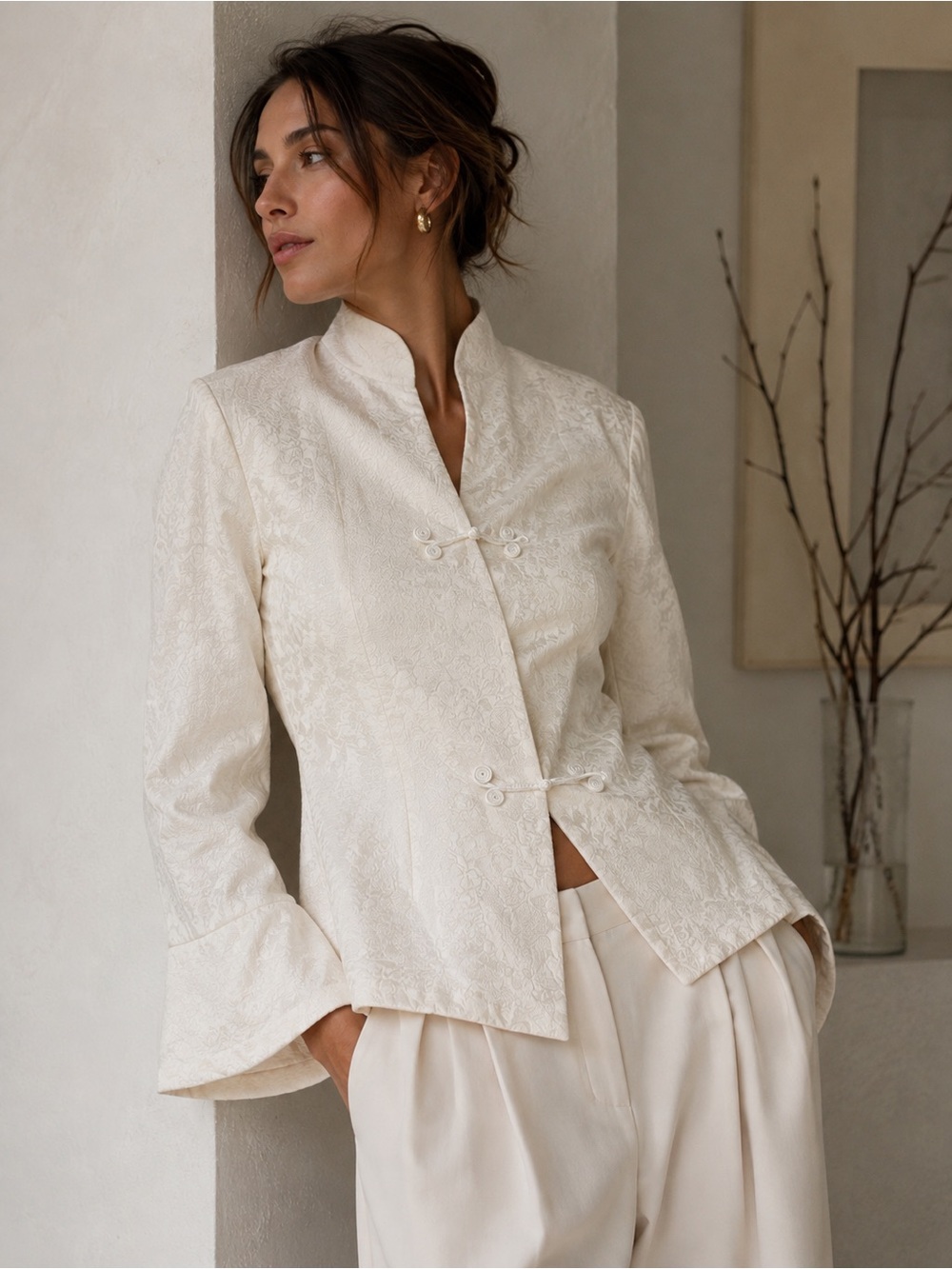 PLLIC Ivory Silk Jacquard Mandarin Collar Asymmetrical Jacket XL (fits smaller)